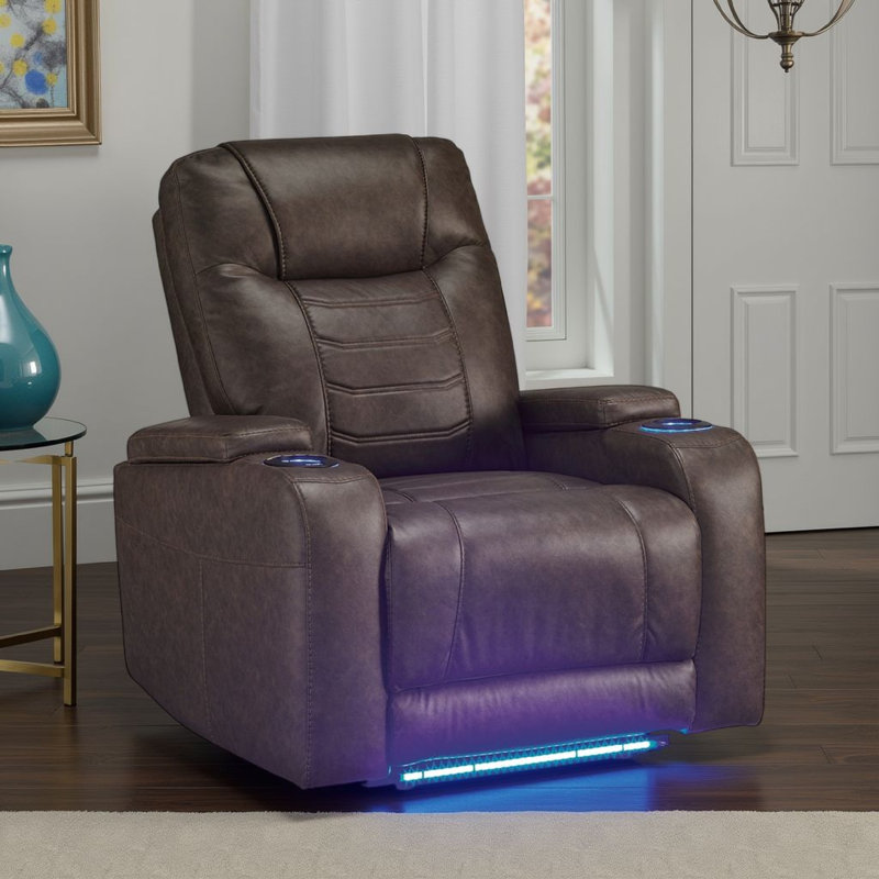 Scon Power Recliner Chair, 37 Inch, LED Light, Faux Leather, Brown