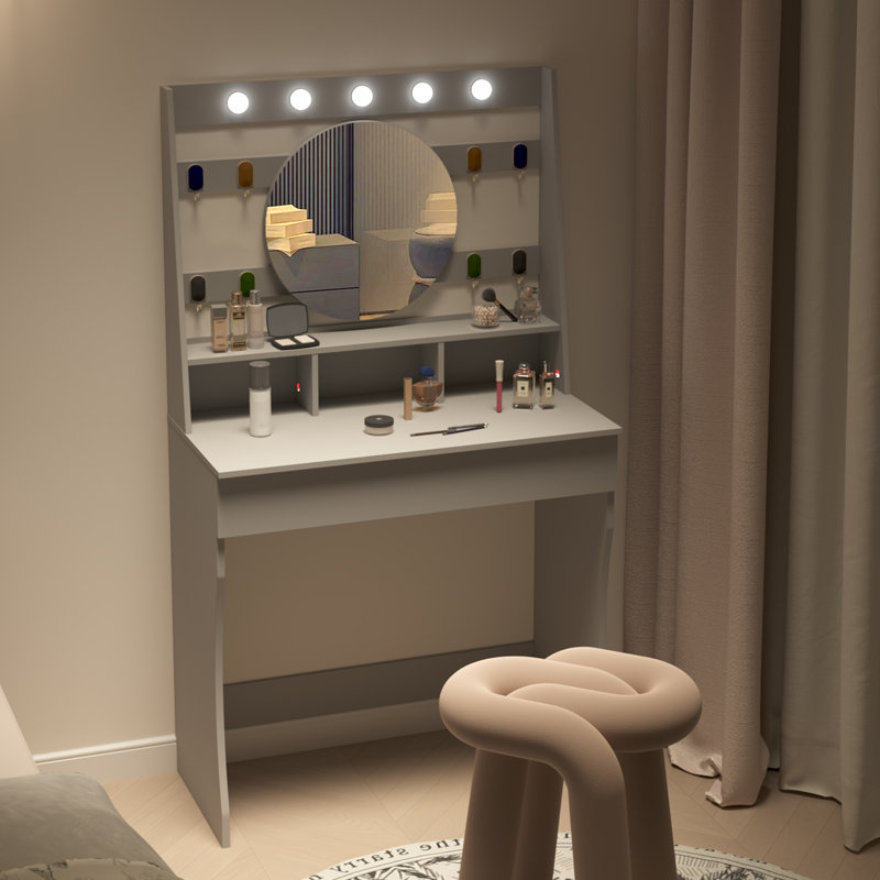 Tamme Dressing Table with Round Mirror, 80x40x140cm 3 Colors LED Light Vanity Table, Grey