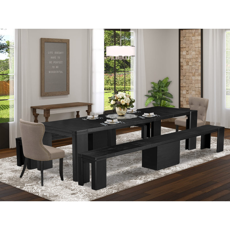 Ensemble de table de salle à manger moderne 5 pièces, une table de cuisine rectangulaire, 2 bancs en bois et 2 chaises de salle à manger en tissu de lin noir brossé