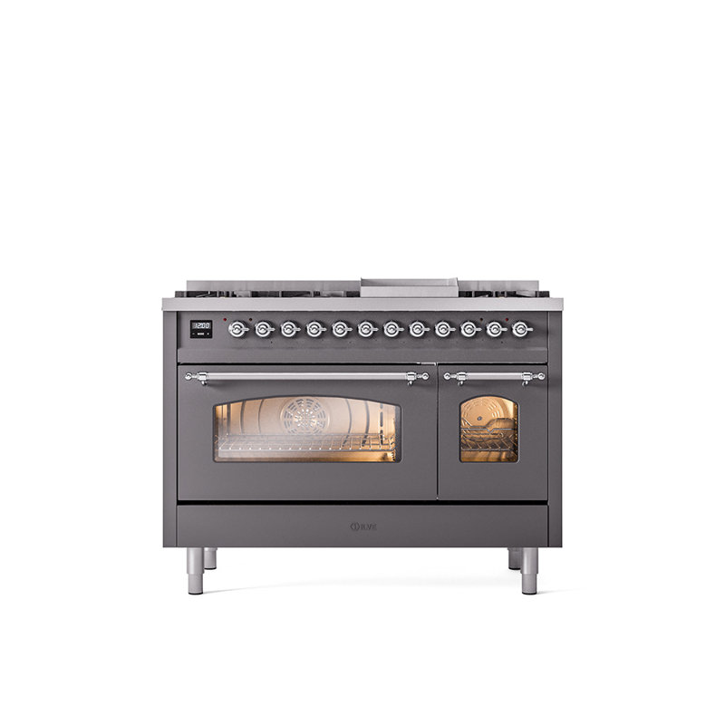 ILVE Nostalgie II Series 48 inch Dual Fuel Range with 8 Sealed Burners, Griddle (Glass Door), Liquid Propane