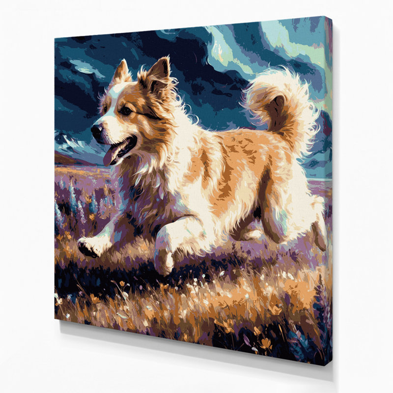 Chiens, chien de berger mauve sur toile mauve, H 12 po x l 12 po