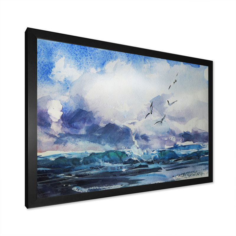 Vague et goélands - Peinture sur toile, Cadre noir, H 8 po x l 12 po x P 1 po