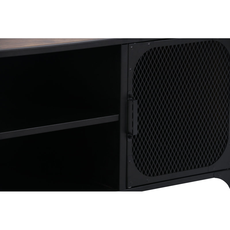 Black Steel and Wood 2-Door TV Cabinet with Mesh Panels