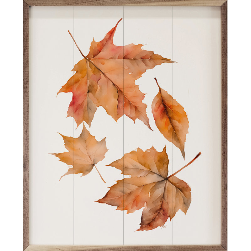 Quatre feuilles d'automne blanches encadrées sur bois, H 40 po x l 32 po