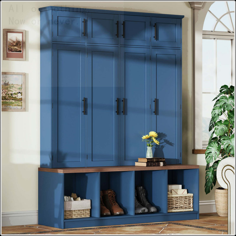 4-in-1 Hall Tree with 8 Cabinets and Hidden Hooks, Blue