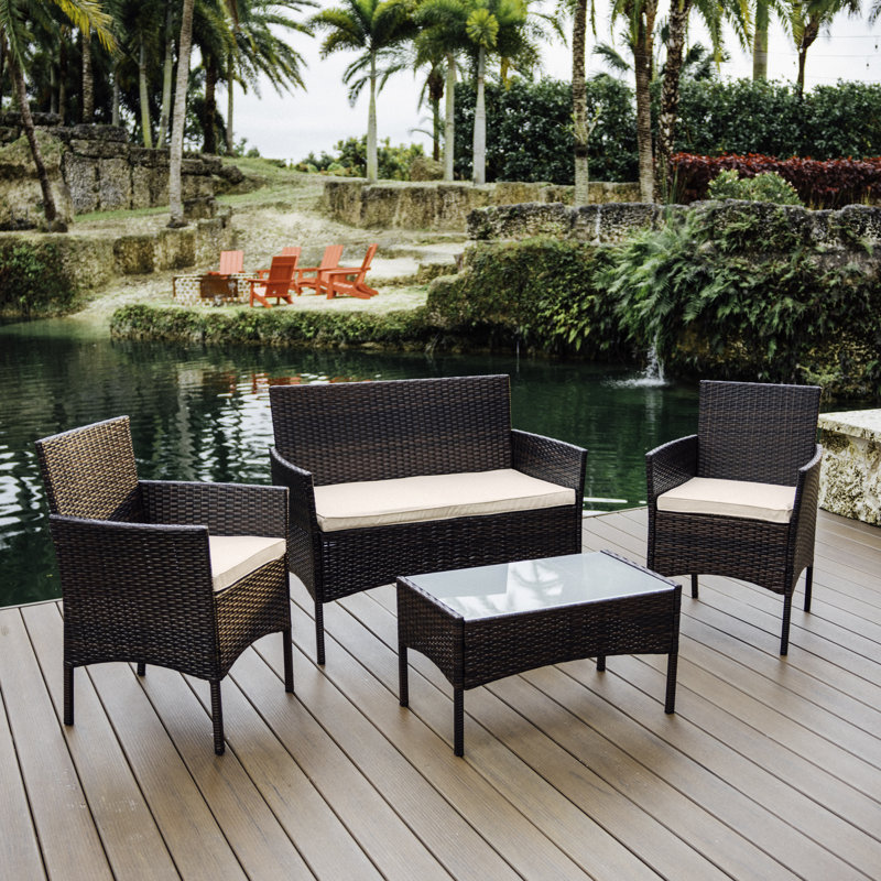 4-Person Outdoor Seating Group with Cushions, Brown Frame/Beige Cushion
