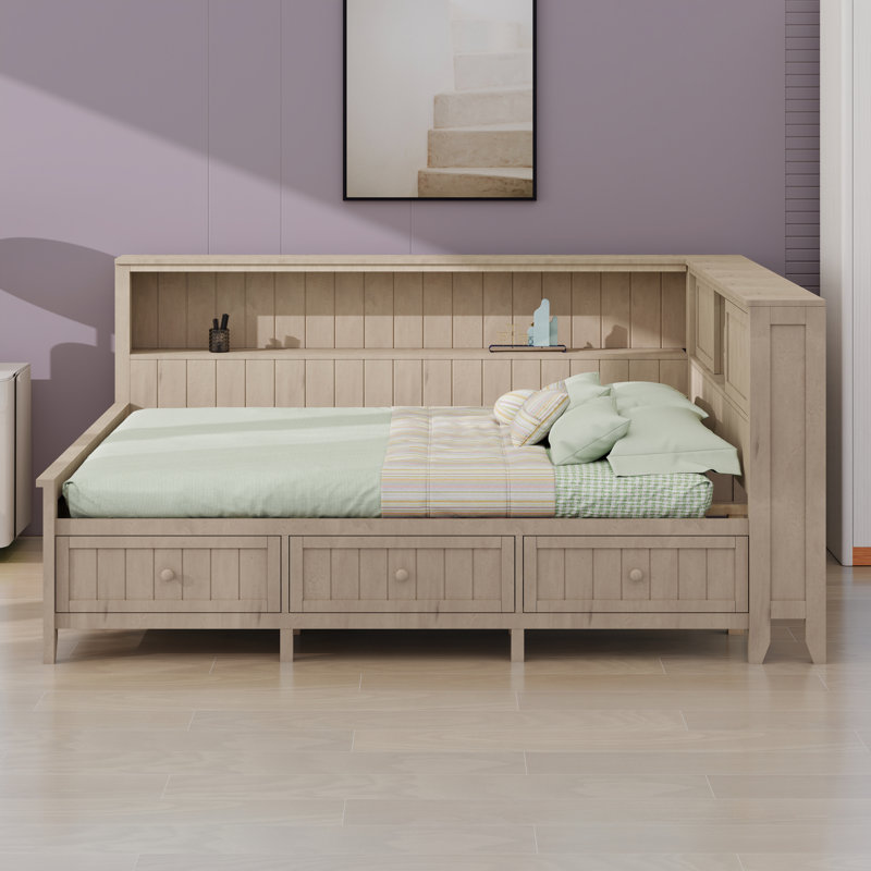 Lit plateforme en bois avec tablettes de rangement, tiroirs, station de charge et tête de lit tapissier, Lit double