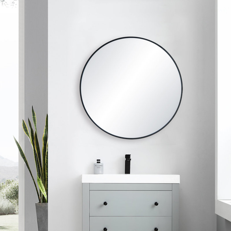 24" Round Metal Frame Shatterproof Wall Mount Mirror, 32" x 32", Matte Black