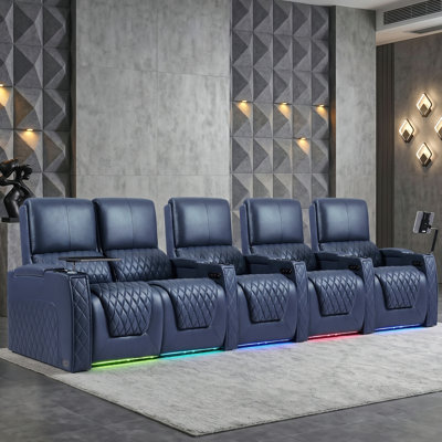 Fauteuil de cinéma maison inclinable électrique en cuir fleur de qualité supérieure avec éclairage ambiant à DEL 7 couleurs, appui-tête réglable, charge USB et porte-gobelets