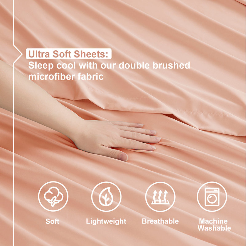  Ensemble de draps double brossé de luxe pour hôtel avec draps et taies d'oreiller très doux, Drap pour lit simple, Pêche