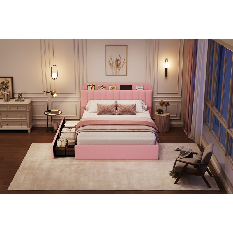 Structure de lit rembourrée en fausse fourrure avec tête de lit à 2 tiroirs, Double XL, Rose