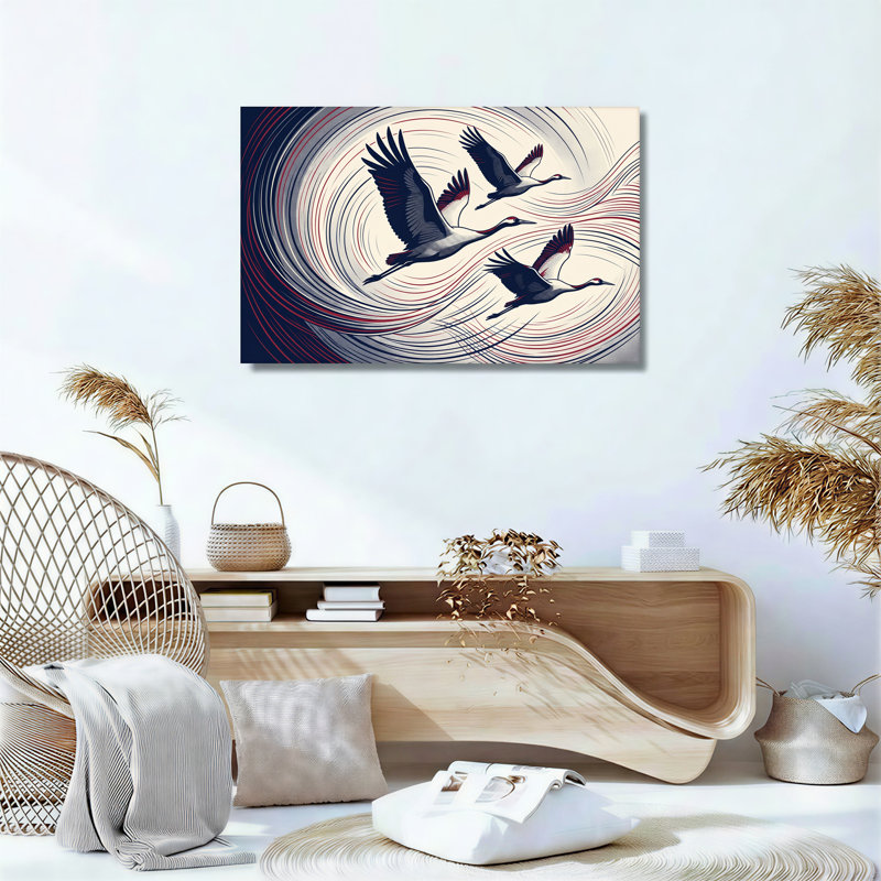Trois grues volant bleu marine et rouge sur toile, 16"H x 24"W