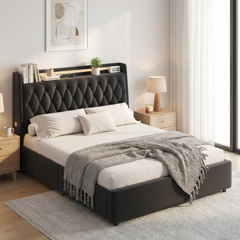 Twin Size Beige Upholstered Bed with Tufted Headboard, 2 Storage Drawers & LED Lights, Twin, Black