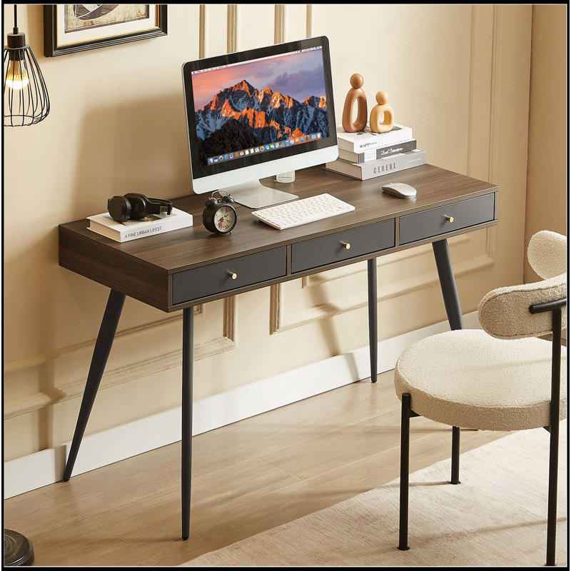 Bureau Mid-Century, bureau d'écriture moderne avec tiroirs, bureau d'ordinateur multifonctionnel noyer et gris foncé