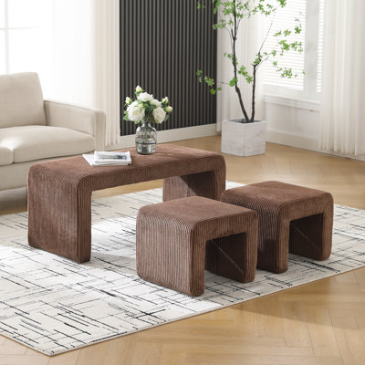 41" W 3-Pieces Upholstered Faux Fur Modern Bench, Nesting Ottoman Bench Set For Living Room Or Bedroom, No Assembly