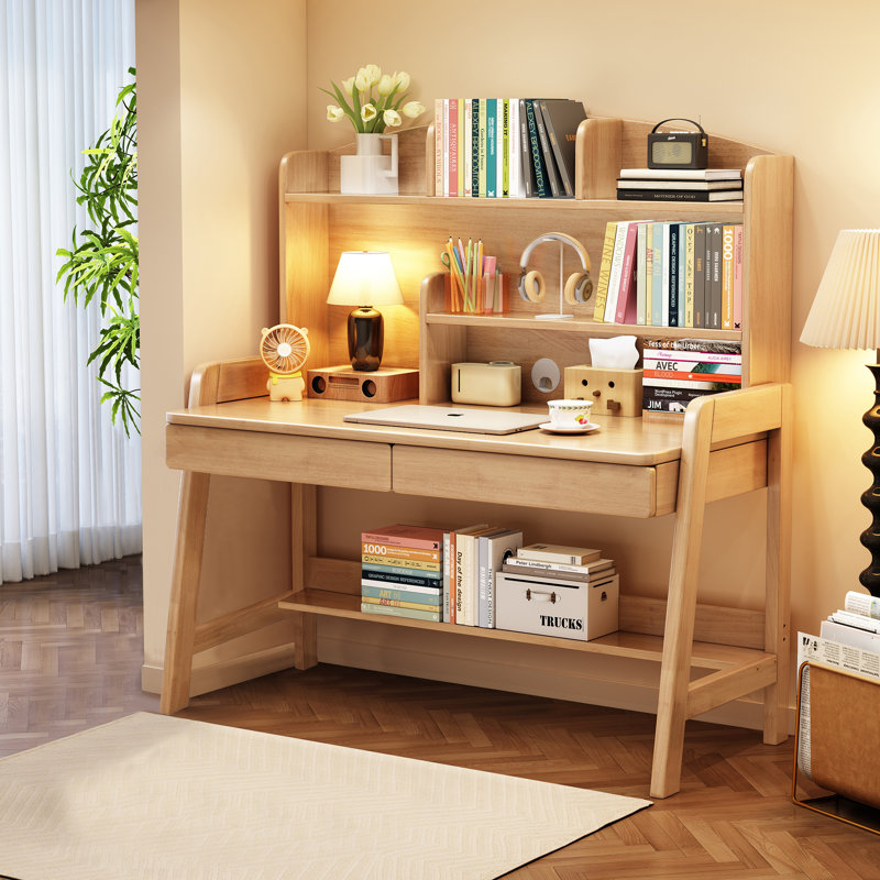 Kids Desk Rectangle Writing Desk Child Computer Learning Desk With Hutch                                    , Beige