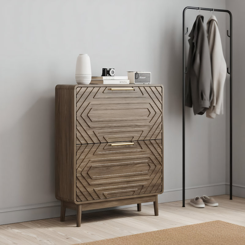 31.5" Walnut Shoe Organizer, Mid-Century Freestanding Cabinet, 2 Flip-Top Drawers, Fits 16 Pairs Regular Shoes for Entryway