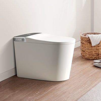 Toilette intelligente 18,9 po H d'Uniwa, lumière Uvc, siège chauffant, télécommande sans fil, séchoir à air, chasse automatique, multifonction, toilette fixée au sol, blanc brillant