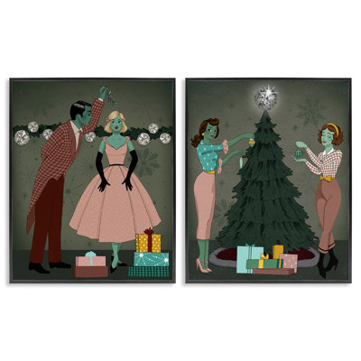 Modern Festive Holiday Decorating 2 PC Framed Giclee Art Set by Grace Popp