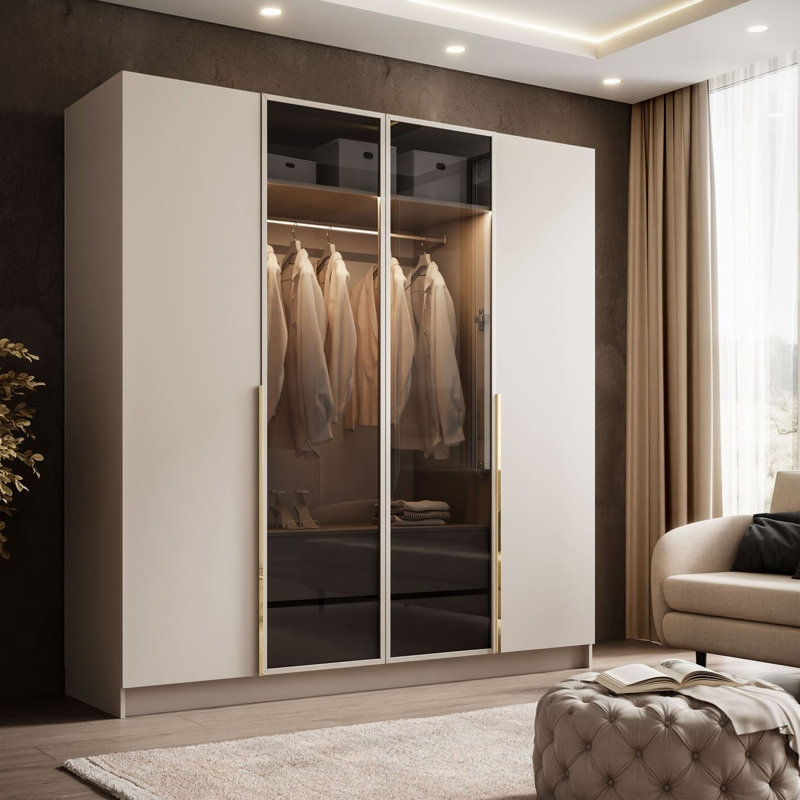 4 Door Wardrobe, Edge handles in gold chrome color