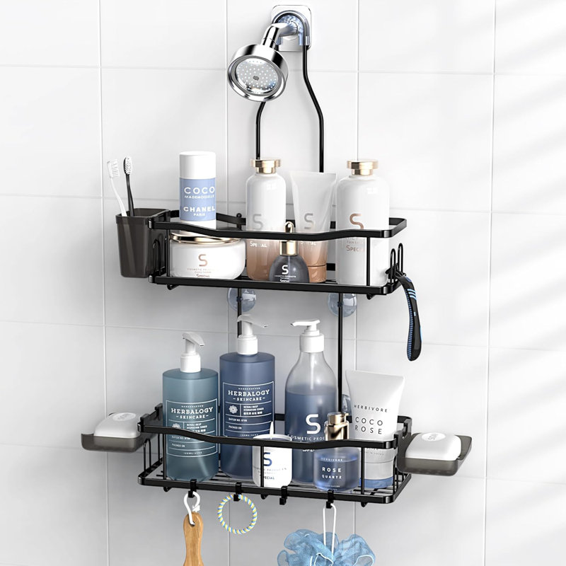 Tablettes de douche antirouille au-dessus de la pomme de douche - Pas de perçage à l'intérieur de la douche, Noir mat