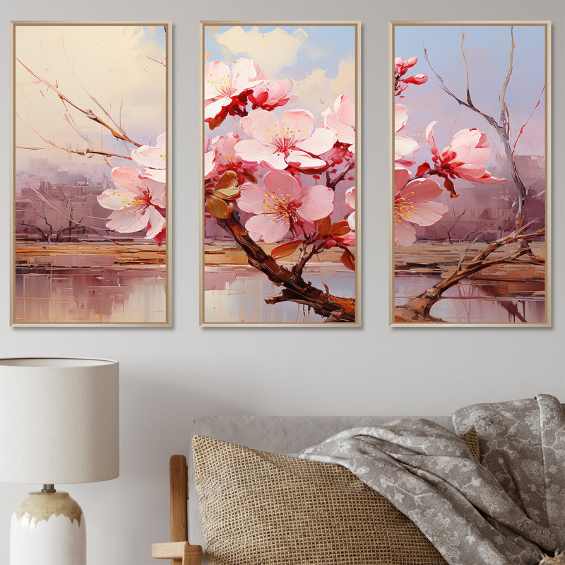 «Pink Whispering Cherry Blossoms II», art mural fleurs, Cadre flottant brun, H 32 po x l 48 po x P 1 po