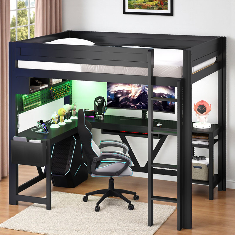Lit mezzanine double avec bureau intégré en L, éclairage à DEL et station de charge, Noir