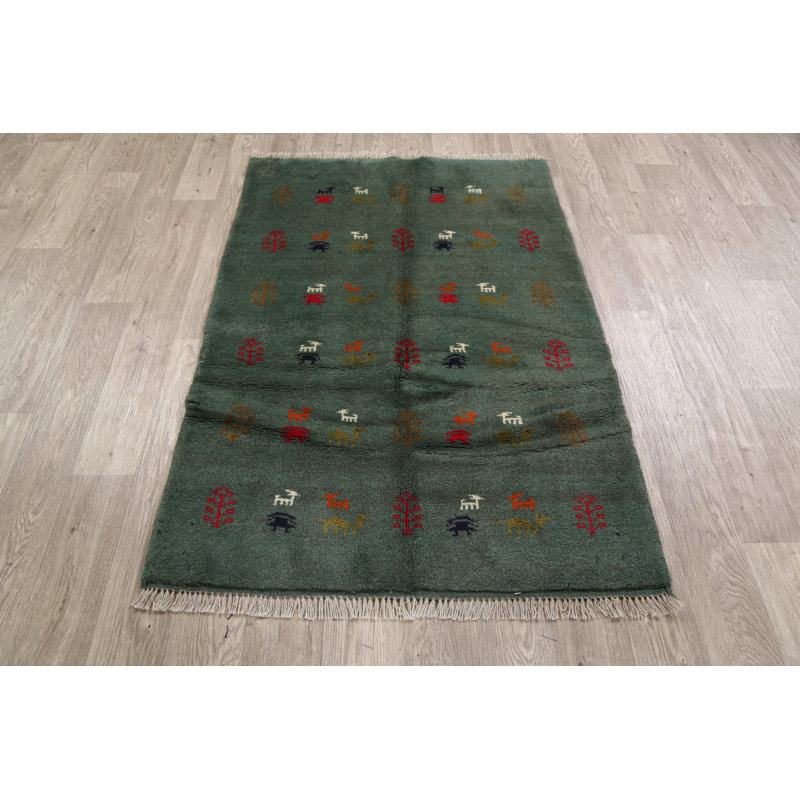 Tapis de zone en laine vert 3 pi 5 po x 4 pi 10 po one-of-kind-noué la main gabbeh Southwestern
