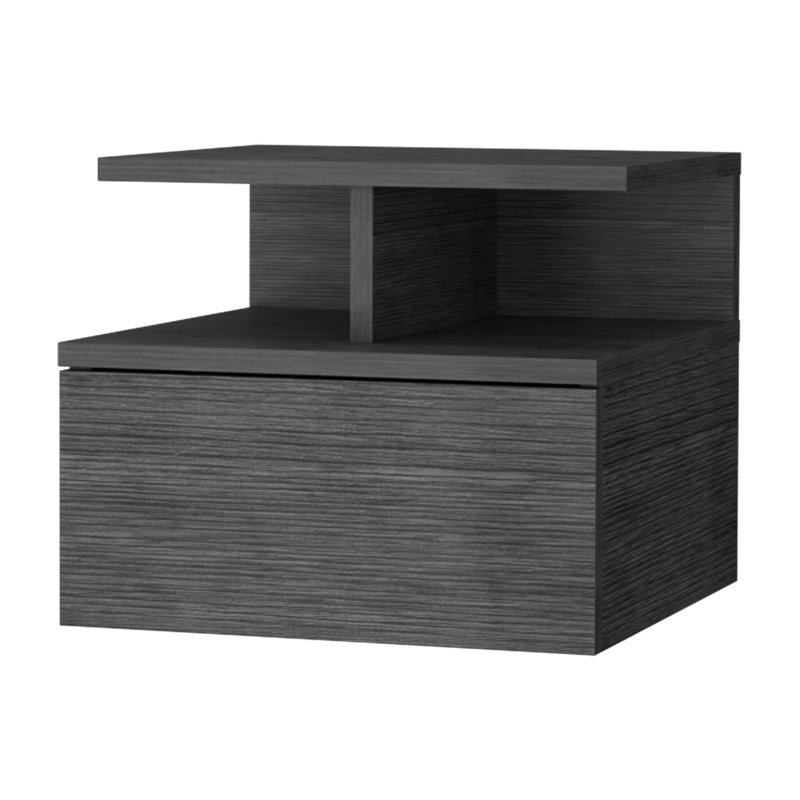 Table de chevet en chêne avec 2 tablettes et tiroir pour un rangement pratique dans la chambre à coucher, Gris béton
