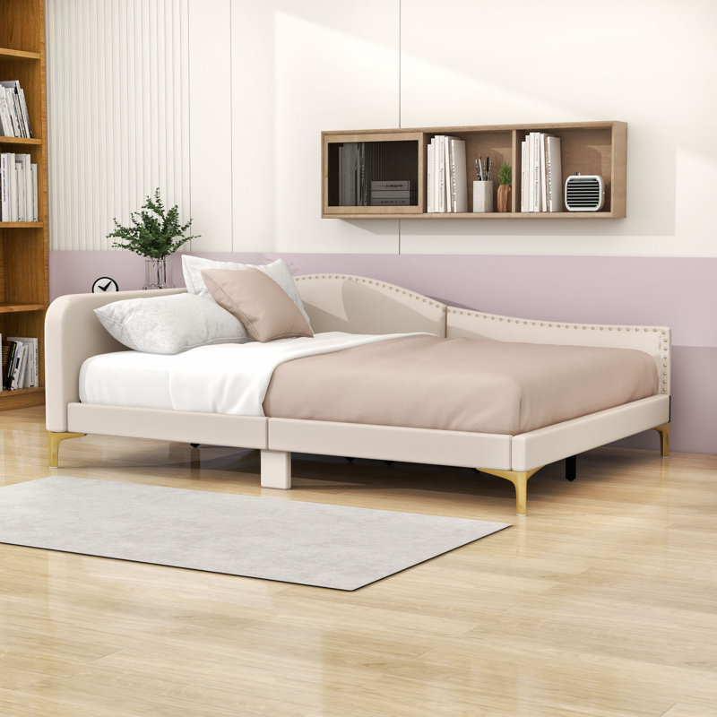 Linen Upholstered Daybed for Living Room, Beige, Full/Double