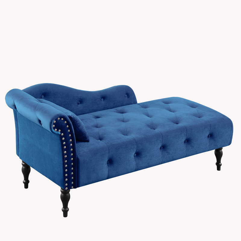 Méridienne intérieure veloutée capitonnée à boutons et garniture cloutée, Bleu