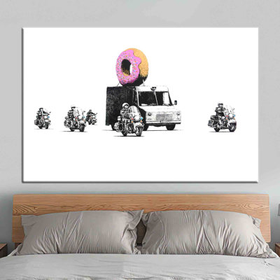 Artistic Donut Graffiti Print In Pink Ideal For Modern Home Decoration On Stretched Canvas Featuring Banksy-Inspired Street Art Style Without Frame
