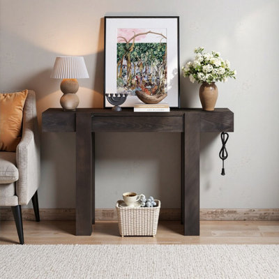 Rustic Espresso Wood Console Table with Hidden Drawer & Charging Station