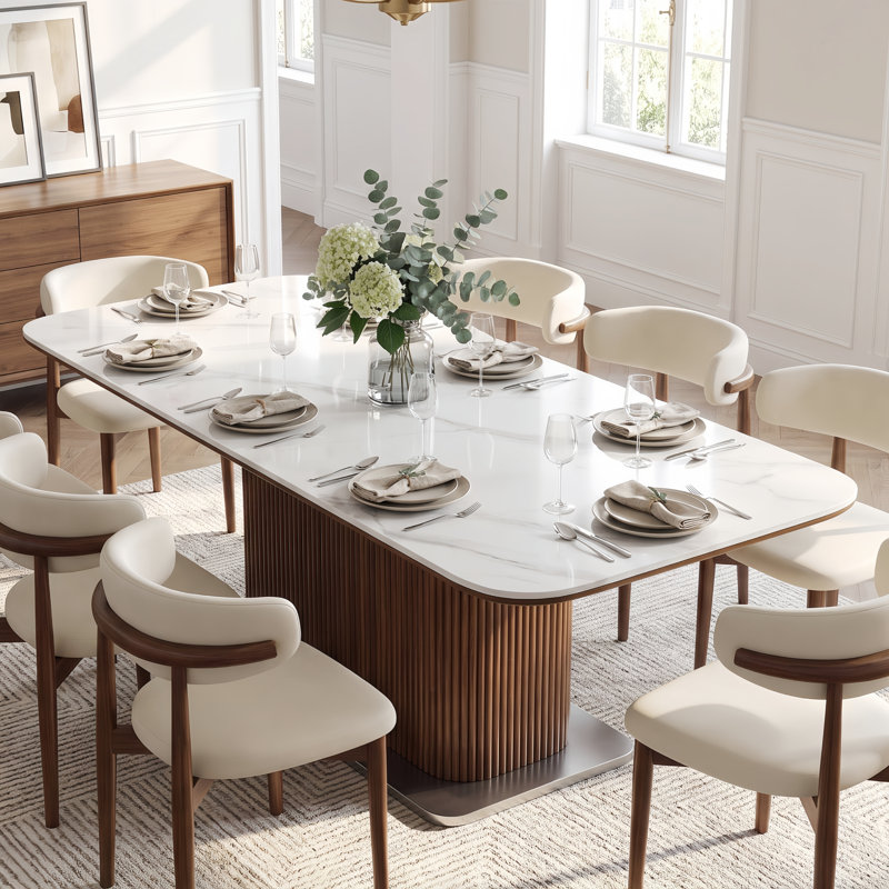 Modern 62.99" Rectangular Sintered Stone Dining Table with Solid Wood Fluted Base, Seats 4-6 People for Kitchen and Dining Room