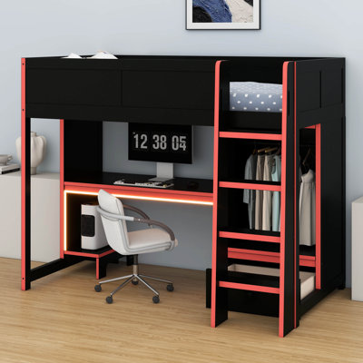 Wood Gaming Loft Bed With Built-In Desk, Wardrobe, LED And A Drawer, No Box Spring Needed, Sturdy Wood Frame For Bedroom