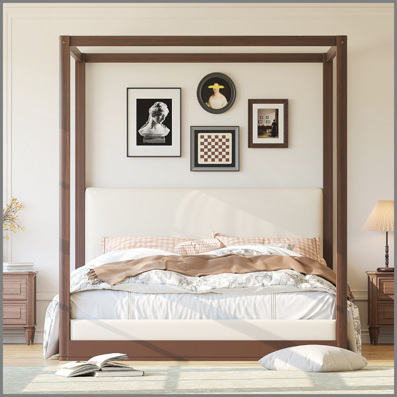Lit plateforme à baldaquin en bois grand avec tête de lit tapissier, structure noire et tissu blanc, Espresso, Queen