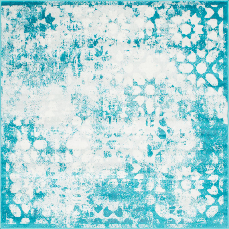Brandt Floral Area Rug, Square 8', Turquoise/White