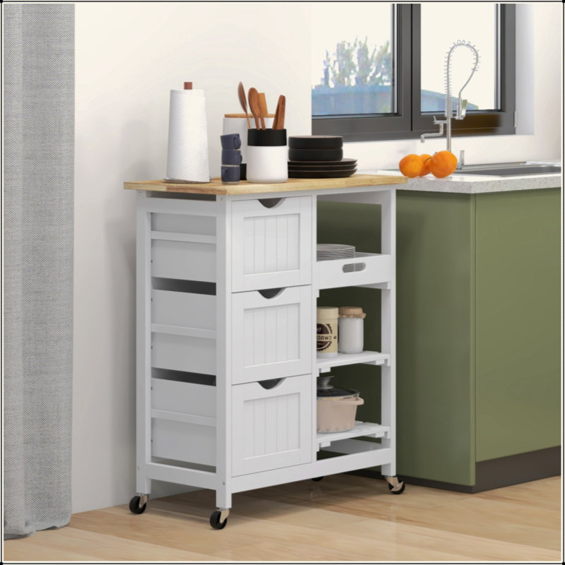 26.5" Rolling Kitchen Cart with Rubber Wood Chopping Board - Removable Serving Tray, 3 Drawers + 2 Slatted Shelves, 360° Swivel Wheels with Brakes (88lbs Capacity)