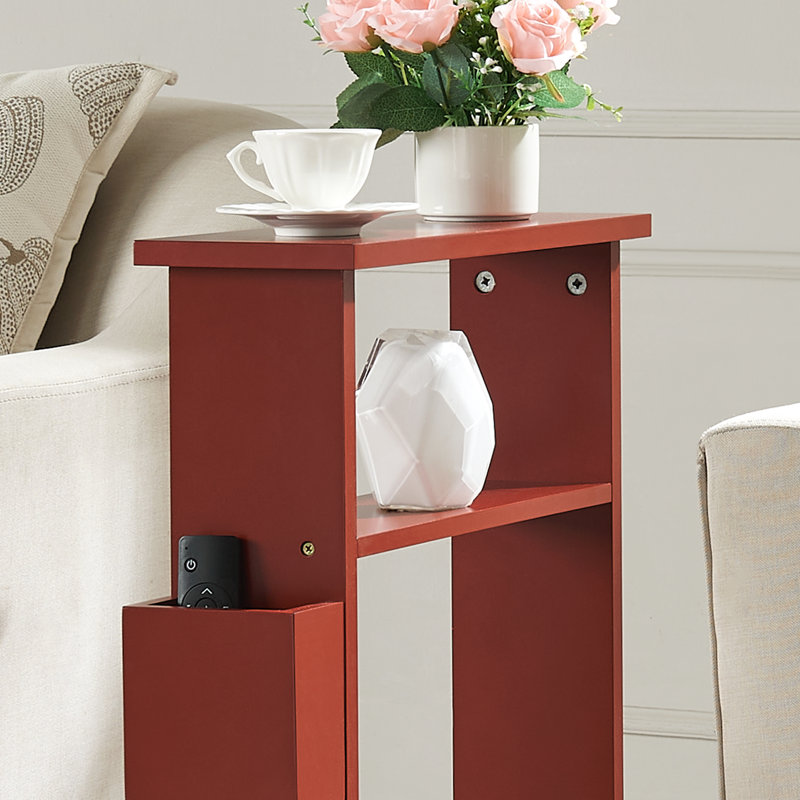 Narrow Side Table with Storage Shelf, Slim End Table with Magazine & Remote Holder, Small Space Bedside Table for Living Room or Bedroom