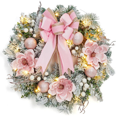 24" Pre-Lit Battery Xmas Wreath with 20 LED Lights Timer for Door Fireplace Window Decor