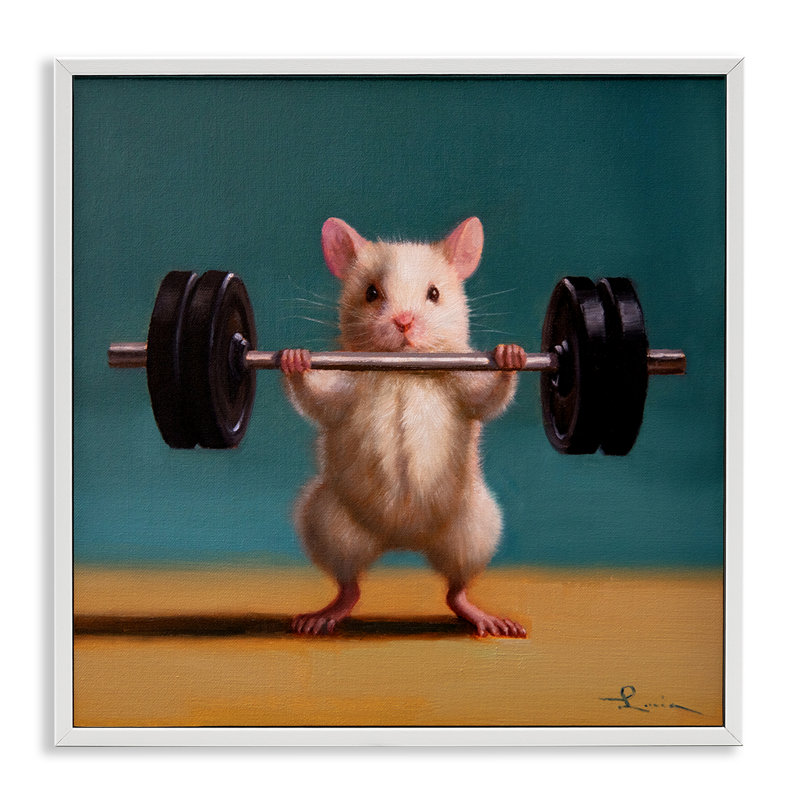 «Power Lifting Mouse», art de la giclée encadrée par Lucia Heffernan, H 12 po x l 12 po, Giclée encadrée blanc bord de mer