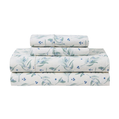Hallmark Leafage White/Green Brushed Cotton Flannel Bed Sheet Set, Twin