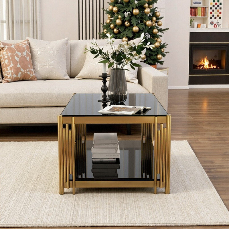 Table basse 43,2 po rectangulaire en verre trempé double avec pieds en acier inoxydable