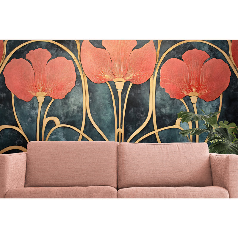 Élégant papier peint coquelicot corail, L 165 po x l 110 po, Non tissé