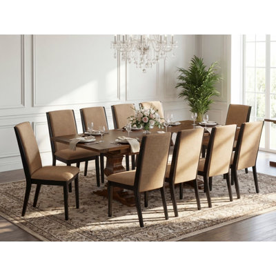 11 Piece Dining Table Set Includes a Rectangle Removable Leaf Table and 10 Light Sable Linen Fabric Upholstered Chairs, Antique Walnut