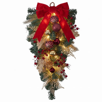  Ornement en forme de goutte de Noël pré-éclairé bourgogne et doré, décoration de porte avant 24 po pour fenêtre d'escalier - 20 lumières DEL, nœud en velours bourgogne, boules rouges, pomme de pin et baies