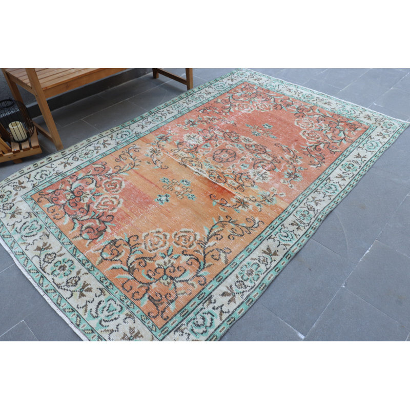 Grand tapis turc rétro Oushak pour salle à manger - tapis de chambre ou de salon extérieur en laine orange