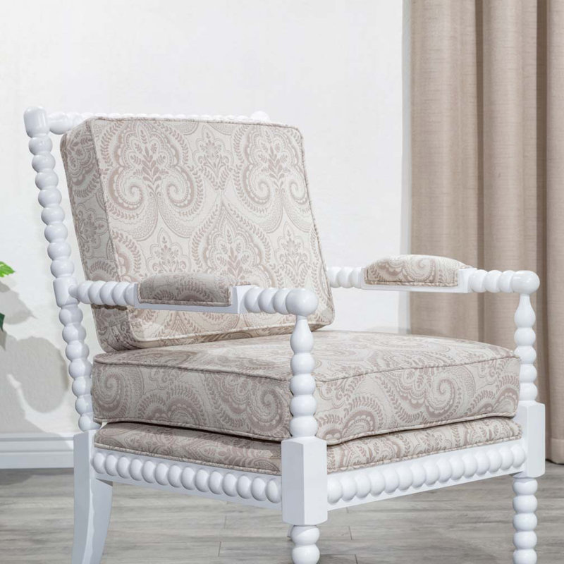 Spindle Chair, White Finish, Taupe Paisley Fabric, White, White/Taupe