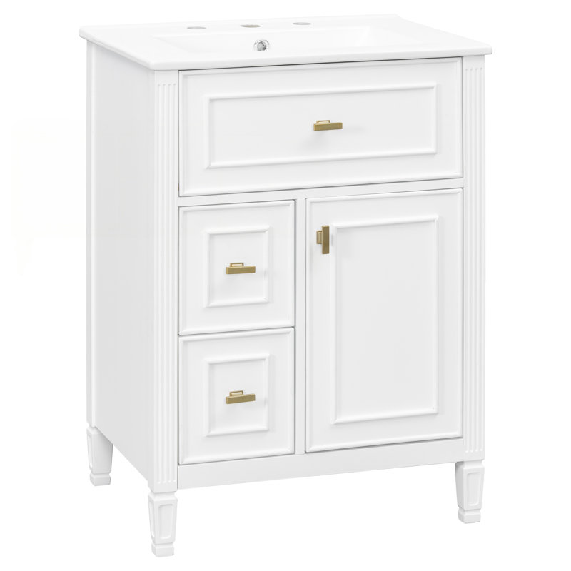 Meuble-lavabo 24 po avec lavabo, tiroir rabattable et tablette réglable blanche pour les salles de bain modernes, Blanc