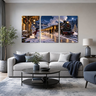 «Snowman and Vintage Steam Train At Christmas», ensemble de 3 toiles murales